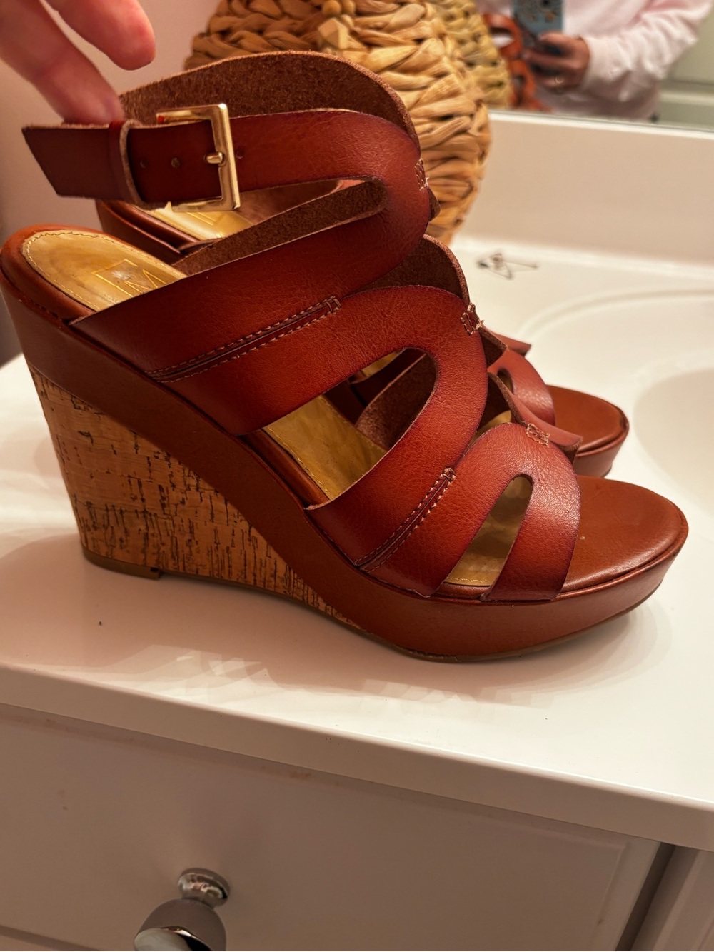 Material Girl Cognac Wedge Sandals with Cork Platform